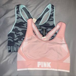 2 PINK seamless logo sports bras, blue camo and pink size M